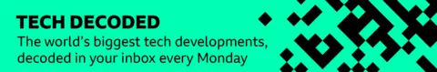 A green promotional banner with black squares and rectangles forming pixels, moving in from the right. The text says: â€œTech Decoded: The worldâ€™s biggest tech developments, decoded in your inbox every Monday.â€