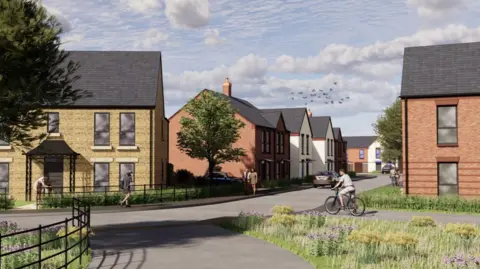 Spitfire Homes A computer-generated image of homes. Some are orange brick, others are white and one of the left is sandstone. All have slate roofs. A road runs between them with grass and flowers to the side. A man on a bike is visible as are people walking on the pavement.