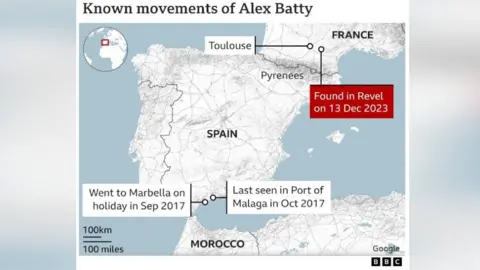 Peta Spanyol dan Prancis yang menunjukkan pergerakan Alex Batty, yang menandai dia ditemukan di perbatasan Prancis di Revel pada 13 Desember, dekat Toulouse. Tanda lain menunjukkan dia ingin berlibur ke Marbella pada bulan September 2017, dan terakhir terlihat di pelabuhan terdekat Malaga pada bulan Oktober 2017.