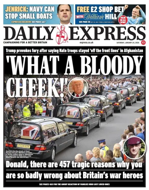 "What a bloody cheek!'," reads the headline on the front page of the Daily Express.