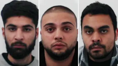 Police Scotland Composite image of Police mugshots of three men with darr hair, dark eyes and dark eyebrows.