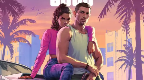 Rockstar Games A drawing of two characters from Grand Theft Auto 6. A female wearing a pink top sits on the bonnet of a car, one arm draped over a male character standing in front of her. He's wearing a white vest and holding a pistol in his one hand, which is casually resting on his waist. In the background the sunset casts a pink-orange glow over a background of palm trees and buildings. 