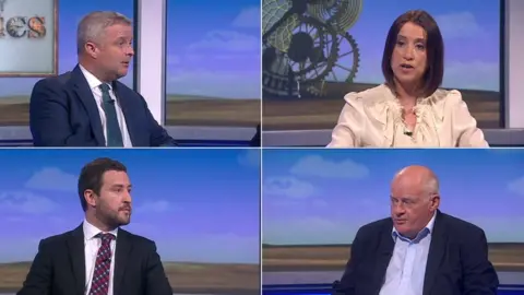 BBC Four of the candidates seeking to be the new MP for Brecon and Radnorshire: Clockwise - Chris Davies, Conservative Party; Jane Dodds, Liberal Democrat Party; Des Parkinson, Brexit Party; Tom Davies, Labour Party