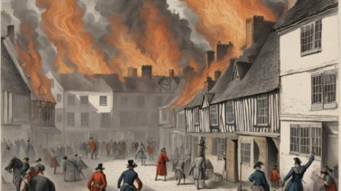 An artists impression of what the 1724 fire looked like royed Woburn, Bedfordshire