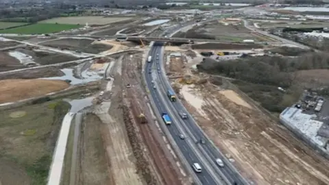 An aerial view of roadworks on the A428