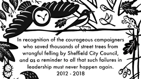 Sheffield City Council/Lydia Monks A black and white drawing shows the wording of a plaque and woodland animals
