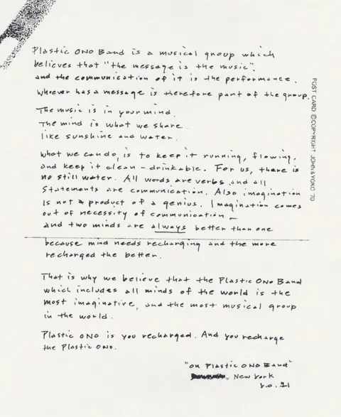 Yoko Ono Lennon "On Plastic Ono Band", a manifesto by Yoko Ono