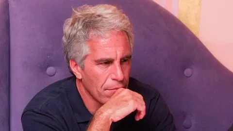 Jeffrey Epstein is pictured sitting on a purple couch, resting his chin on his hand, in Cambridge, Massachussets in 2004.