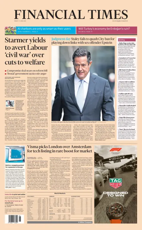 "Starmer yields to avert Labour 'civil war' over cuts to welfare" reads the headline on the front page of the Financial Times.