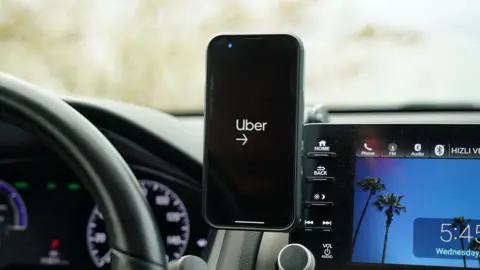 An interior view of a Uber car with the Uber Connect application on in New York.