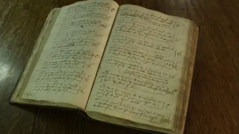 Dulwich College Archive Henslowe's diary. A yellowed open book full of handwritten notes in elaborate handwriting.