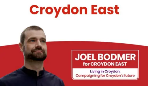 Labour Campaign image for Joel Bodmer, who was standing as a councillor in Croydon East. The image shows a head and shoulders shot of Mr Bodmer, alongside the slogan saying "Croydon East. Joel Bodmer for Croydon East" followed by "Living in Croydon, Campaigning for Croydon's future".