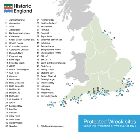 Historic England A graphic showing a map with different areas highlighted with numbers. To the left is a list of places where the shipwrecks are, with the numbers at the front.