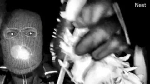 An image of the suspect in the kidnapping of Nancy Guthrie - a person is seen close up in black and white, wearing a balaclava and holding an obscured item in their left hand, which we can see has a black glove covering it 