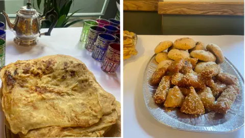 Two side-by-side photos of Moroccan food: the left photo shows a stack of msemen pancakes on a table next to a silver teapot and colourful tea glasses; the right photo shows a platter of honey-soaked sesame sweets and round cookies.