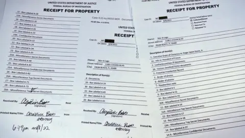 Getty Images The three-page list of property seized in the execution of a search warrant by the FBI at former President Donald Trump's Mar-a-Lago