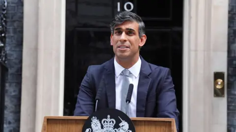 Outgoing Conservative Prime Minister Rishi Sunak gives a speech in Downing Street, London, following his party's landslide defeat to the Labour Party in the 2024 General Election.