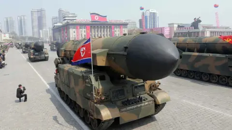 Getty Images Rockets on display at military parade in Pyongyang