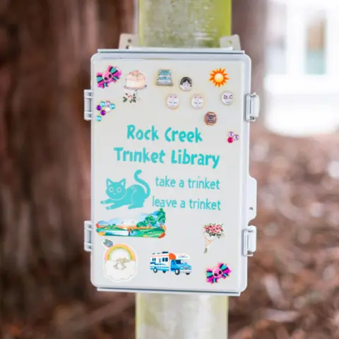 Rachael Harms Mahlandt A junction box with text on saying 'Rock Creek Trinket Library' and decorated with stickers