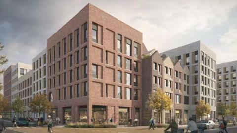 An artist's impression of how the student flats in Bristol would have looked. The buildings appear to be made of red brick and there are several trees visible