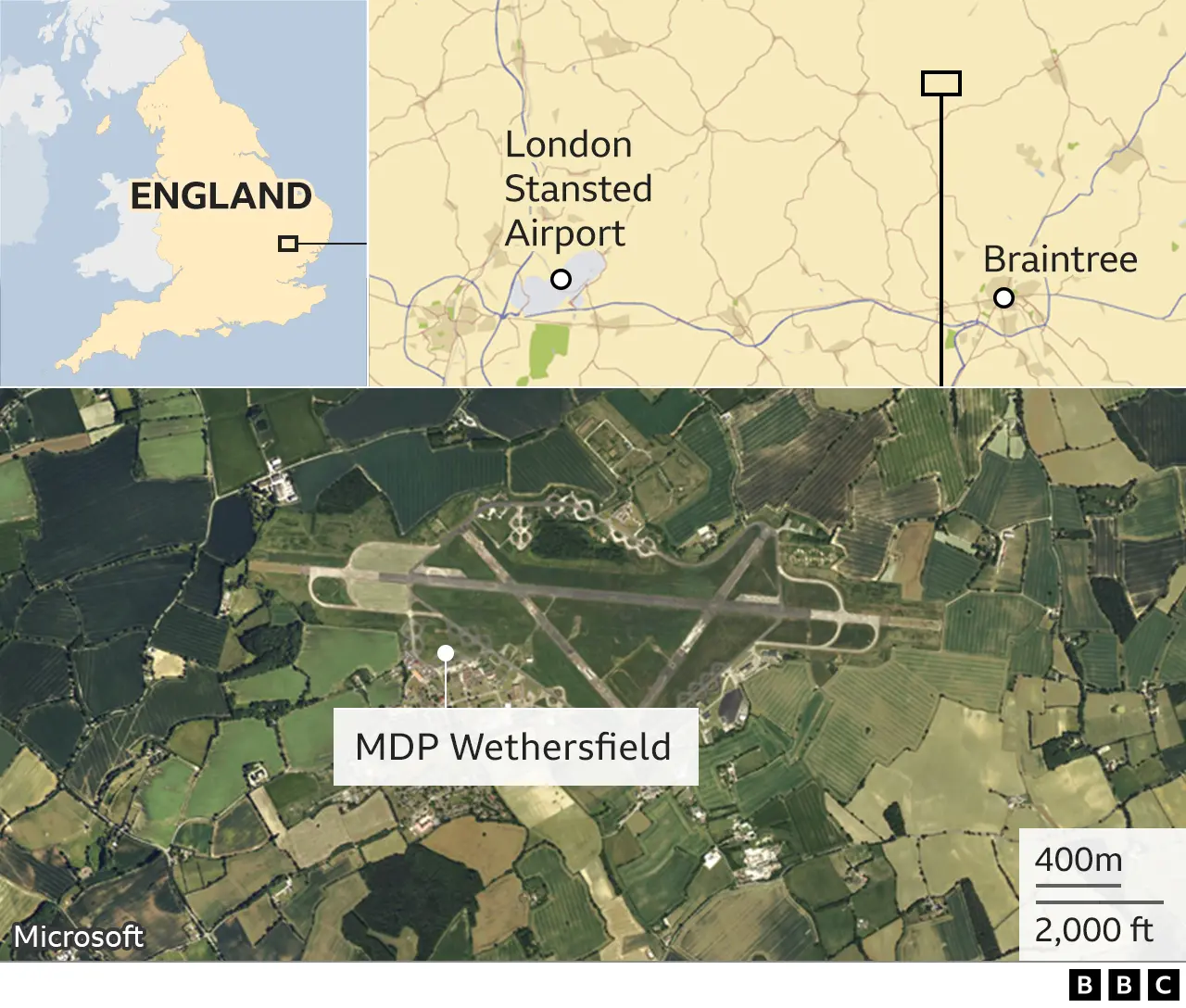 Aerial shot showing MDP Wethersfield and locator maps showing where it is in England in relation to Braintree and London Stansted Airport