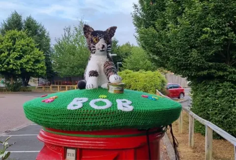 Claire Edwards Bob the cat knitted post box topper