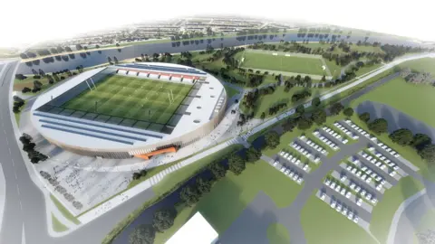 Allerdale Borough Council Artist's impression of the proposed 8,000-capacity stadium in Workington