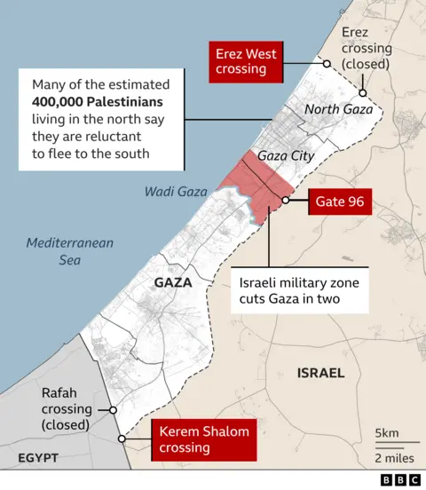 Map of Gaza showing unfastened  Israeli-controlled borderline  crossings