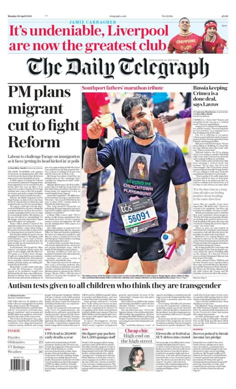 The front page of the Daily Telegraph newspaper. The headline: 'PM plans migrant cut fight Reform'.