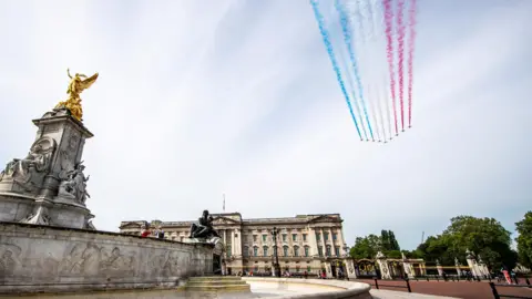 Ministry of Defence The Red Arrows conduct a flypast over Buckingham Palace as part of the 75th Anniversary of Victory in Europe (VE Day), in London