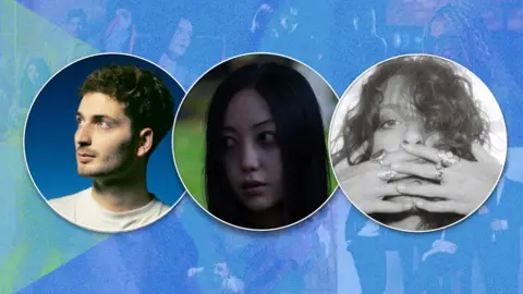 Charlie Floyd, Eternal Rin and Heidi Curtis are in bubbles surrounded by a blue background with other bands silhouettes.