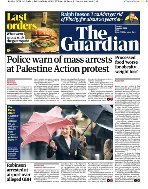 The headline on the front page of the Guardian reads: "Police warn of mass arrests at Palestine Action protest".