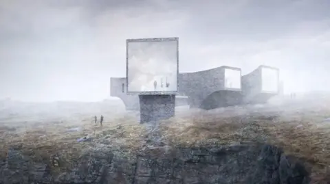 The illustration shows a sci-fi movie-esq design. The centre is made up by a number of curved oblong shapes with large windows at each end. The building is perched on the edge of steep cliffs and is shrouded by fog.