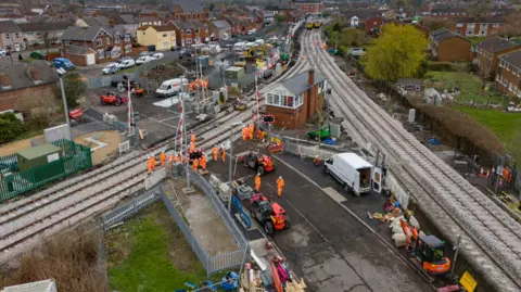 Ontrackimages Ltd Lots of men in high vis jackets working on lines 