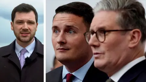 Split-screen showing correspondent Henry Zeffman on the left and picture of Streeting and Starmer on the right