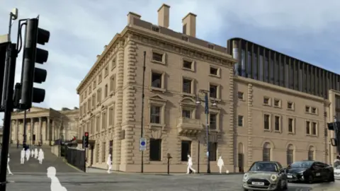Kirklees Council Artist's sketch of the new extension and part demolition of the George Hotel. The street-facing part of the building remains the same while a new modern upper deck can be seen to the side of the building.