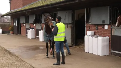 Shaun Whitmore/BBC A horse and a man are standing on a forecourt in front of stables. The horse is brown and has a blue coat on. The man is wearing a yellow hi-vis jumper and is wearing blue jeans and black wellies.