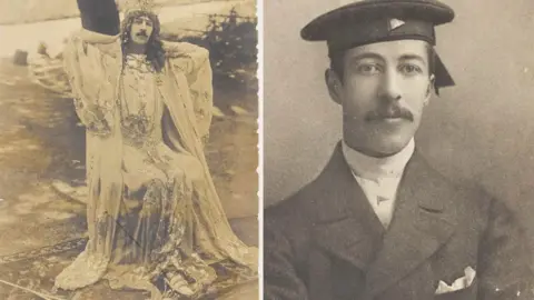 Wellcome Collection Two images side by side. On the left Henry Paget is dressed in a flamboyant outfit that resembles a dress. The also wears a wig with curly hair. On the left he wears formal attire. A hat with a turtleneck and jacket.