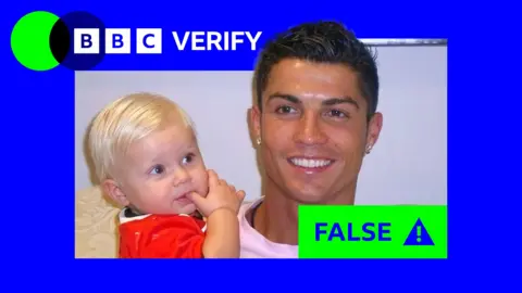 A digitally-altered image purporting to show a young Cristiano Ronaldo holding Erling Haaland as a baby. There is blue and green BBC Verify branding around the image.