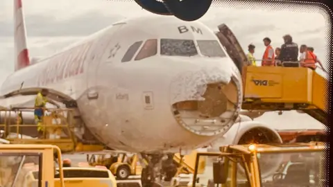 A shot of the front of the plane after the flight