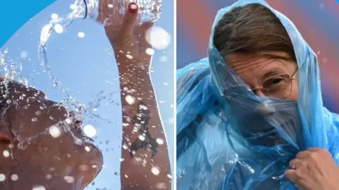 Splitscreen showing people in hot and rainy weather