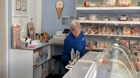 A family member in blue overalls behind the counter in the shop with sweets in clear plastic bags on the shelf behind her
