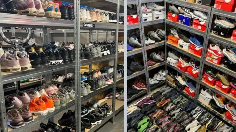 Collect/PA Real Life Shelving units stacked with trainers