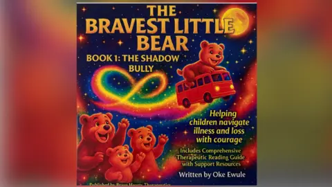 Eko Beats Publishing The cover of The Bravest Little Bear book featuring smiling cartoon bears on a rainbow bus - The cover has a family of bears at the bottom left. They are looking up and waving to a small small bear at the top right who is sitting on top of a bus in the air. Above them, there is an infinity sign made out of a rainbow. They are surrounded by stars and there is a bright yellow moon in the top right. 