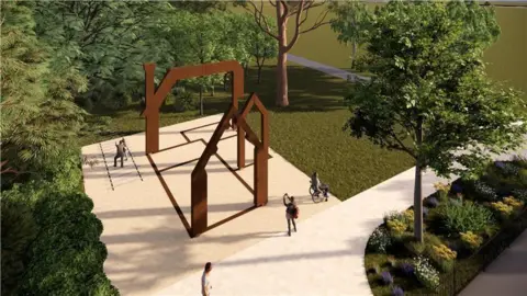 An artist impression of what the replica lodge would look like. It looks like the outline of a house made from brown metal. The structure is on a hard surface which is surrounded by grass and trees.