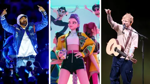 Getty Images/Netflix/Getty Images for iHeartRadio Eminem and Ed Sheeran perform on stage. A production still from the Netflix animation feature KPop Demon Hunters