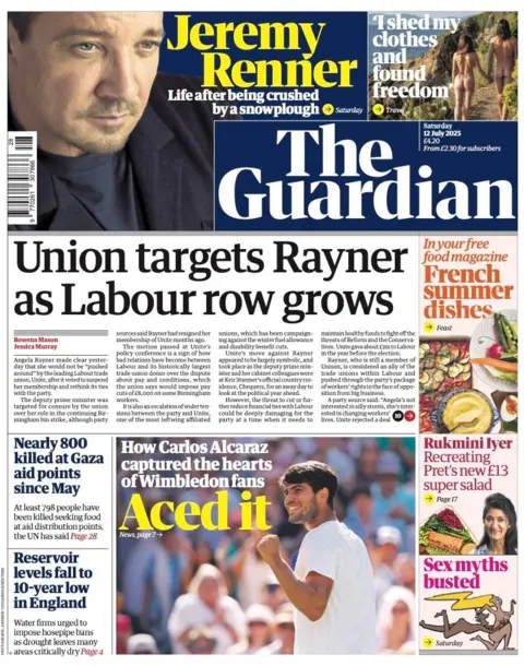 The headline on the front page of the Guardian reads: "Union targets Rayner as Labour row grows".