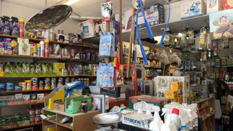A general view of the hardware shop. The shelves are full of DIY supplies and household items, including pet food, cleaning spray, antifreeze, dog treats and bird feeders.