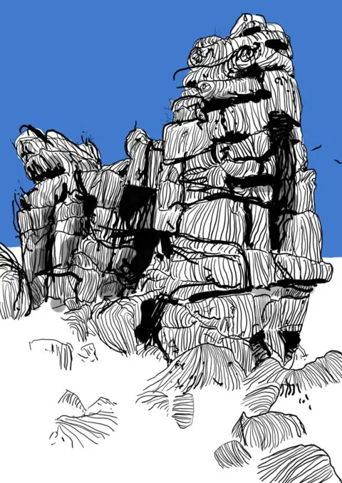 Alex Murdin The art work of Hen Tor has a bright blue sky with stacked granite in the foreground covered in textured lines.
