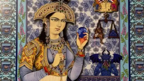 Alex Dunlop/BBC A close-up of the highly elaborate painting of a black-haired woman, wearing a traditional gold headdress and holding a blue globe. Motifs of lion statues holding flags, a near naked man sitting on a pair of scales balanced with blue bags and a purple devil run down the right-hand side of the artwork. The painting features elaborate borders in blues, greens and pinks.